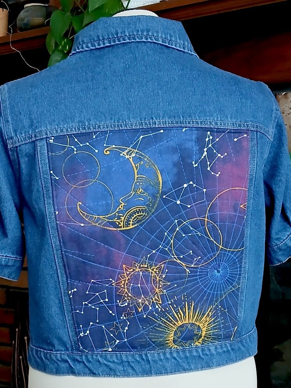 Upcycled Denim Jeans Jacket with Celestial Sky Quilted Panel